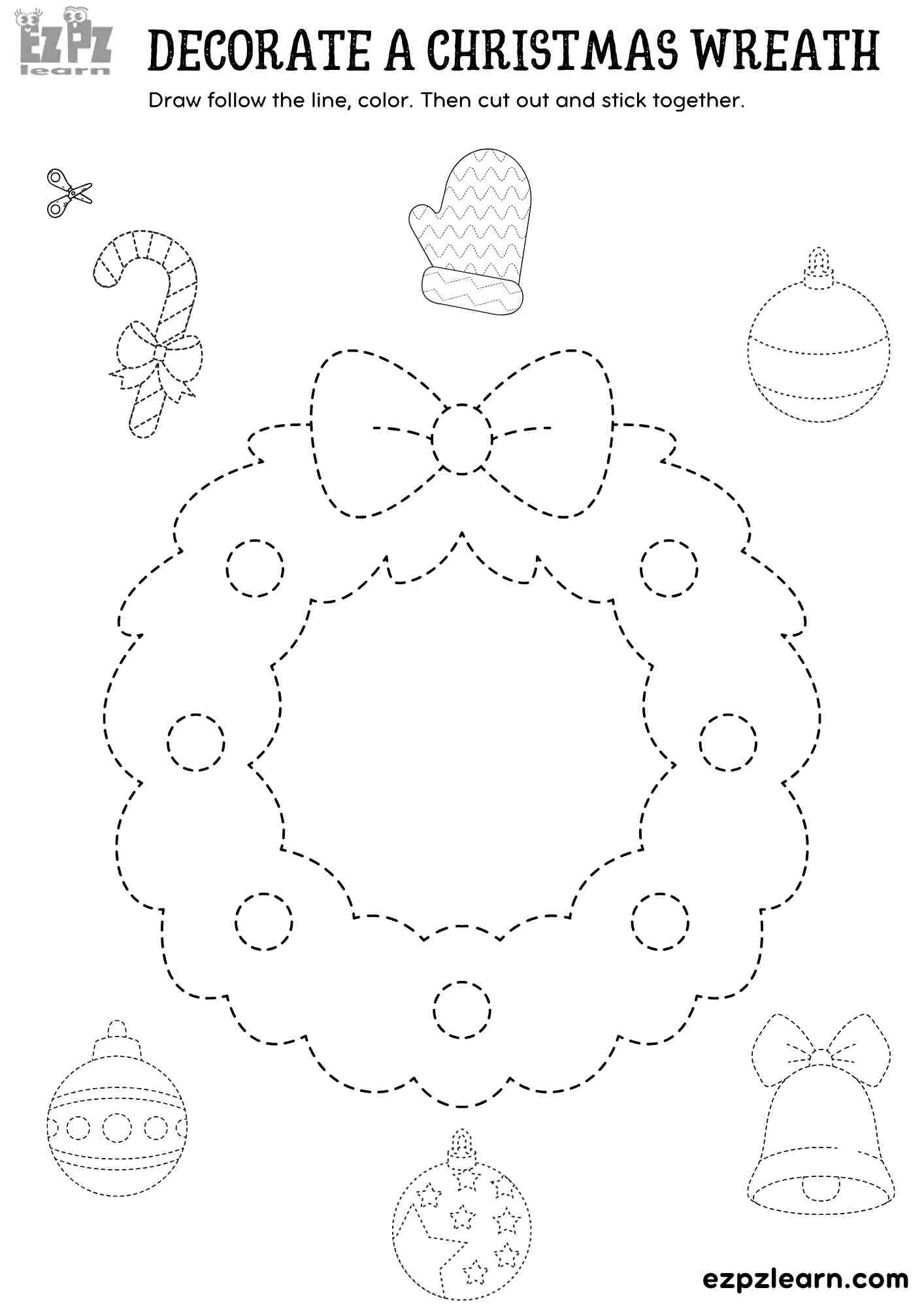 Printable Cut and Paste Decorate a Christmas Wreath - Fun Holiday Craft for Kids